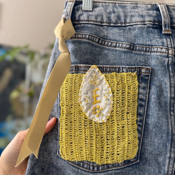 E Denim Mini Skirt Upcycled antique Lace Embellishments but EKA Erika Kelly - Picture 7 of 8